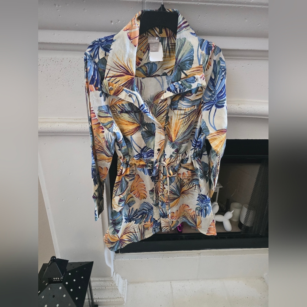 Chico's Tropical Print Snap-Up Jacket 100% Linen, Trendy And Comfy Size 12